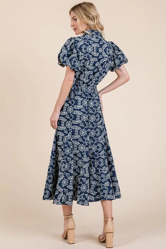 Image of GeeGee Natural Leaf Pattern Eyelet Lace Puff Sleeve Dress | Queeble.shop