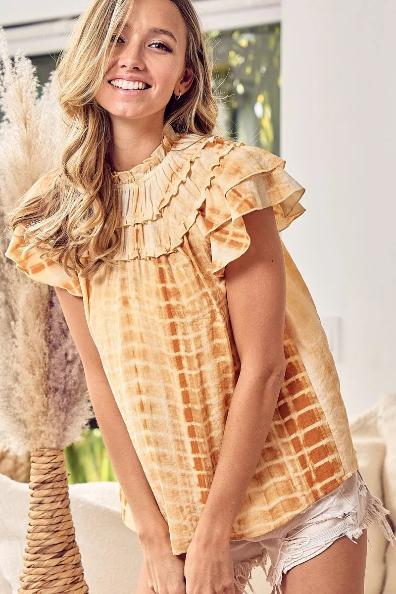 Image of BiBi Tiered Ruffle Neck Tie Dye Top | Queeble.shop