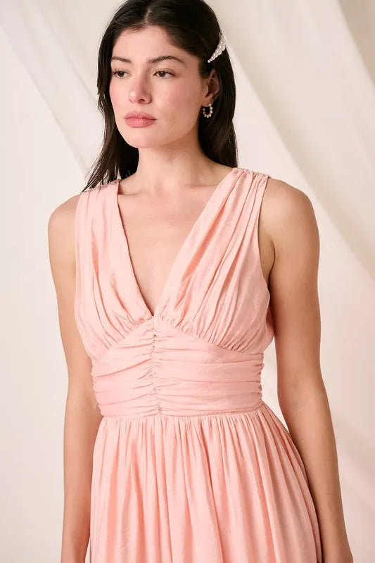 Image of Mittoshop Ruched V-Neck Sleeveless Midi Dress | Queeble.shop