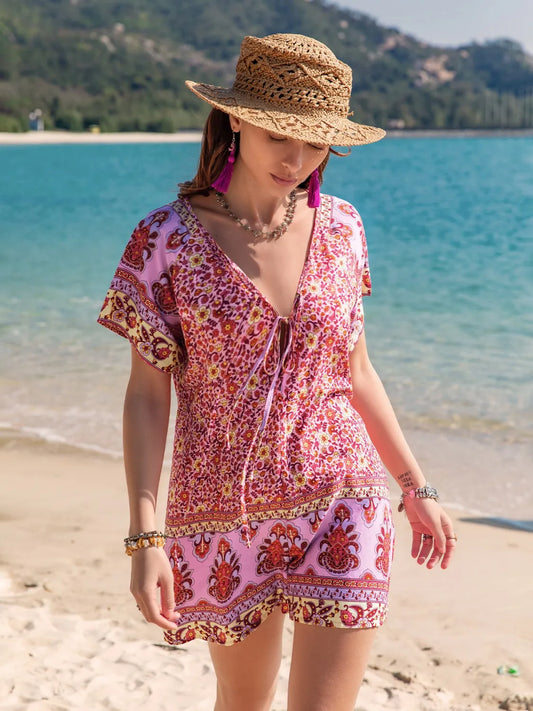 Image of Printed V-Neck Short Sleeve Romper | Queeble.shop
