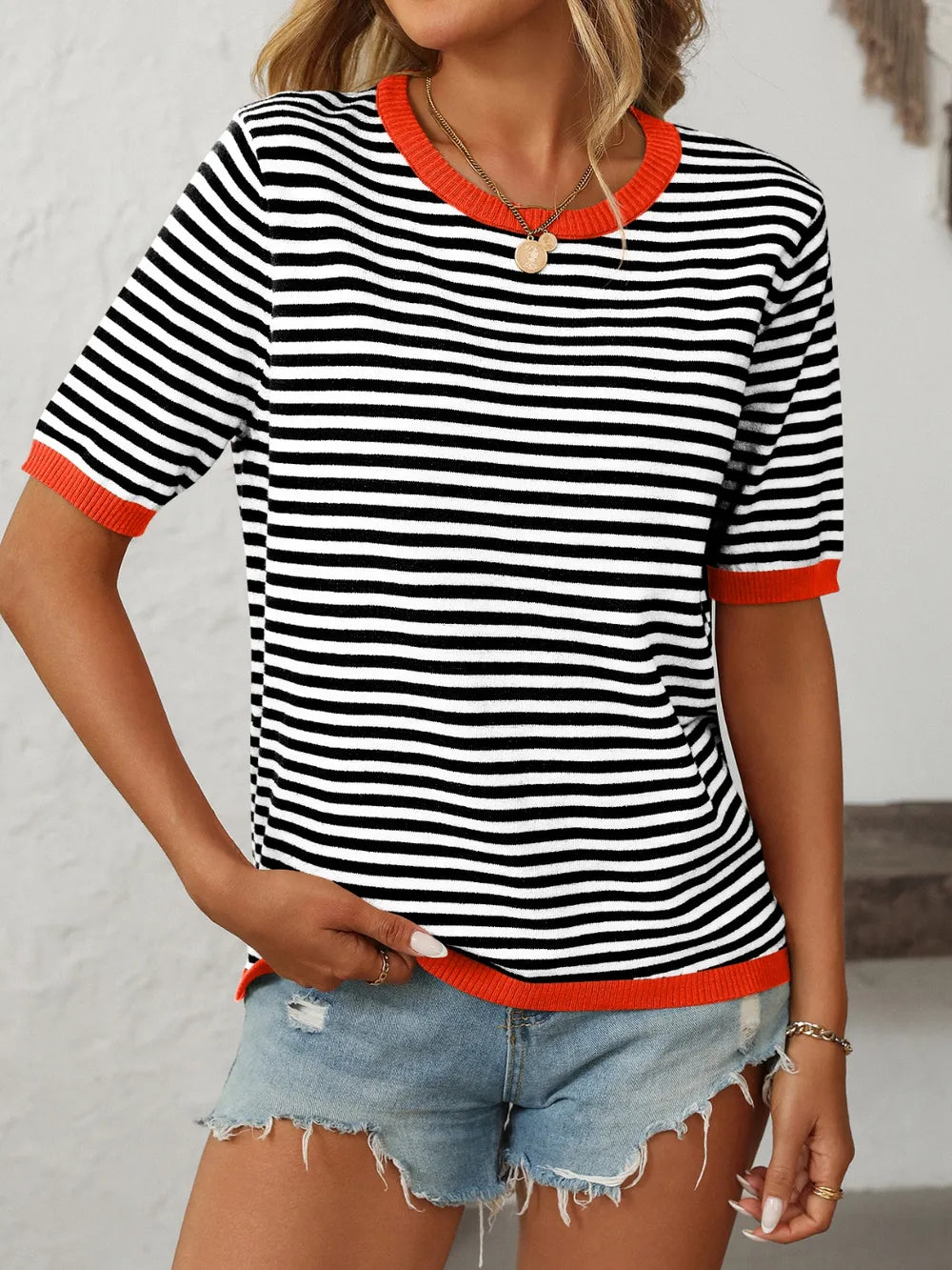 Image of Mandy Striped Round Neck Half Sleeve Knit Top | Queeble.shop