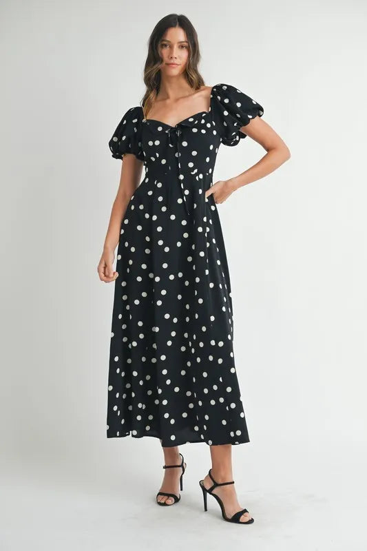 Image of MABLE Polka Dot Puff Sleeve Midi Dress | Queeble.shop