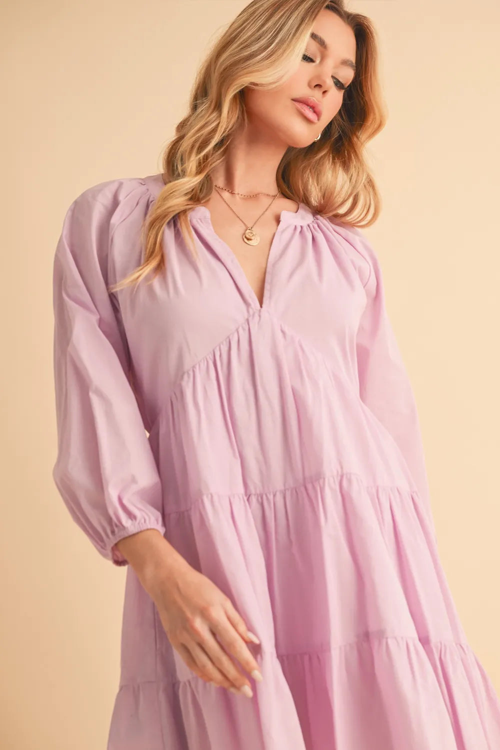 Image of Aemi + Co Notched Balloon Sleeve Tiered Mini Dress | Queeble.shop