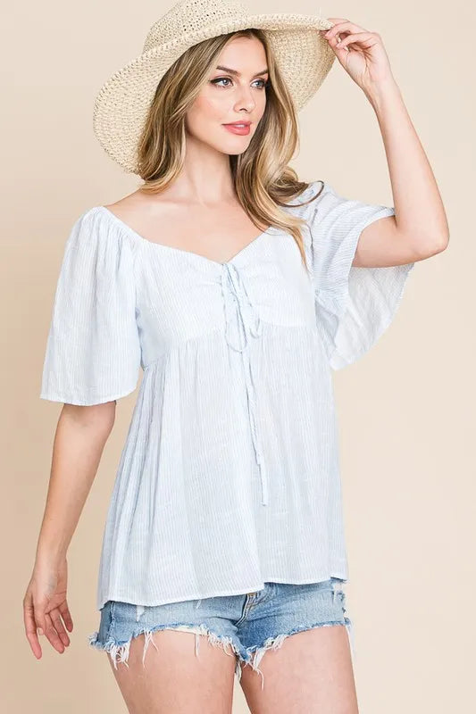 Image of Lime 'N' Chili Thin Striped with Tie Front Babydoll Top | Queeble.shop