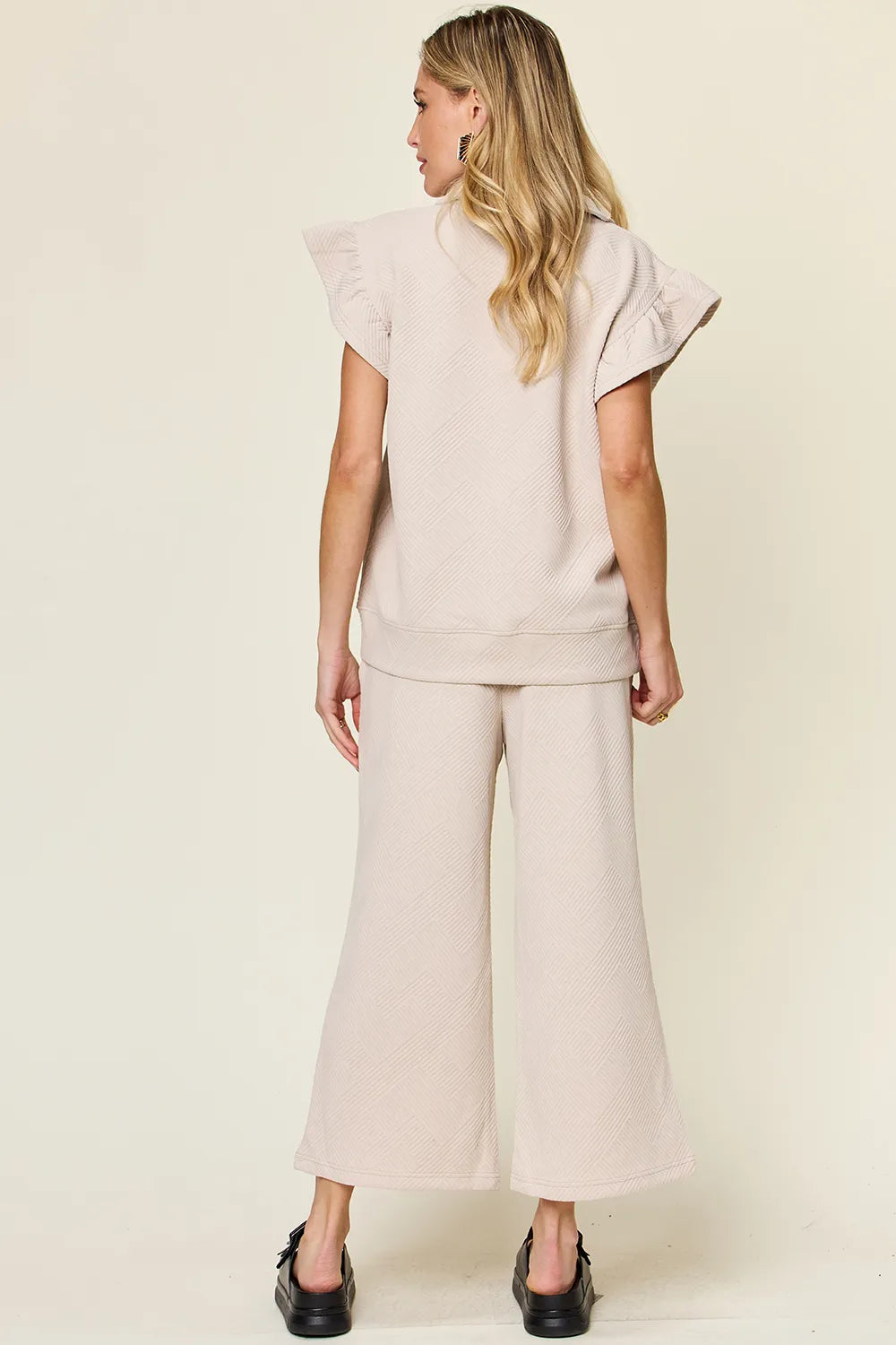 Image of Double Take Texture Ruffle Short Sleeve Top and Drawstring Wide Leg Pants Set | Queeble.shop
