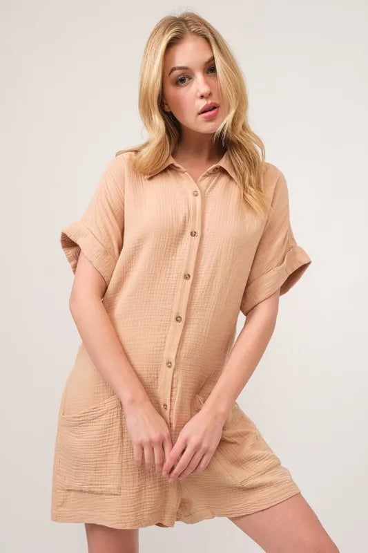 Image of And The Why Washed Gauze Roll-up Sleeve Comfort Utility Romper | Queeble.shop