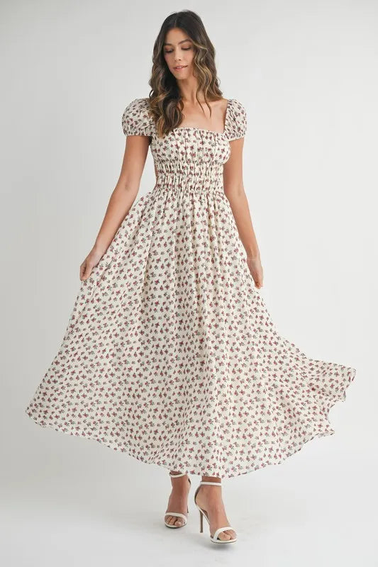 Image of MABLE Floral Print Puff Sleeve Gathered Midi Dress | Queeble.shop