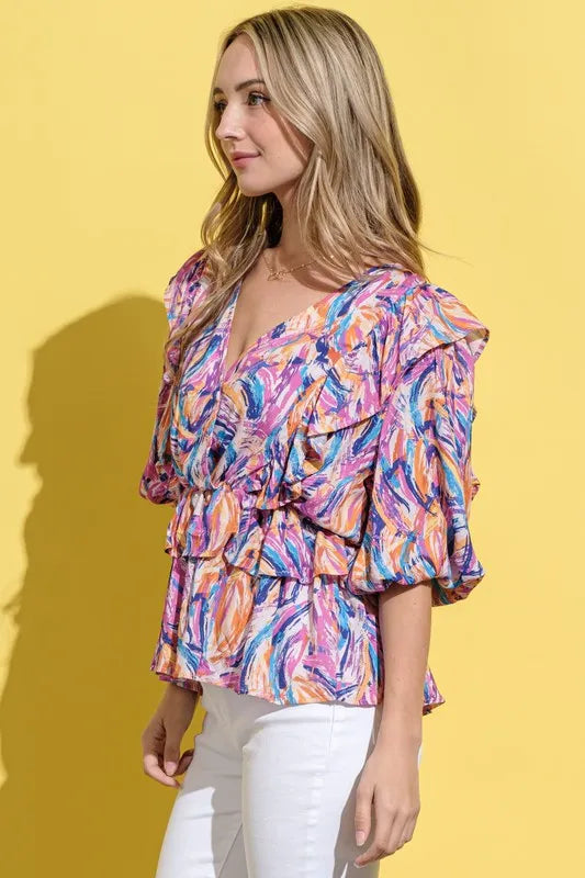 Image of And The Why Printed Lantern Sleeve Blouse | Queeble.shop