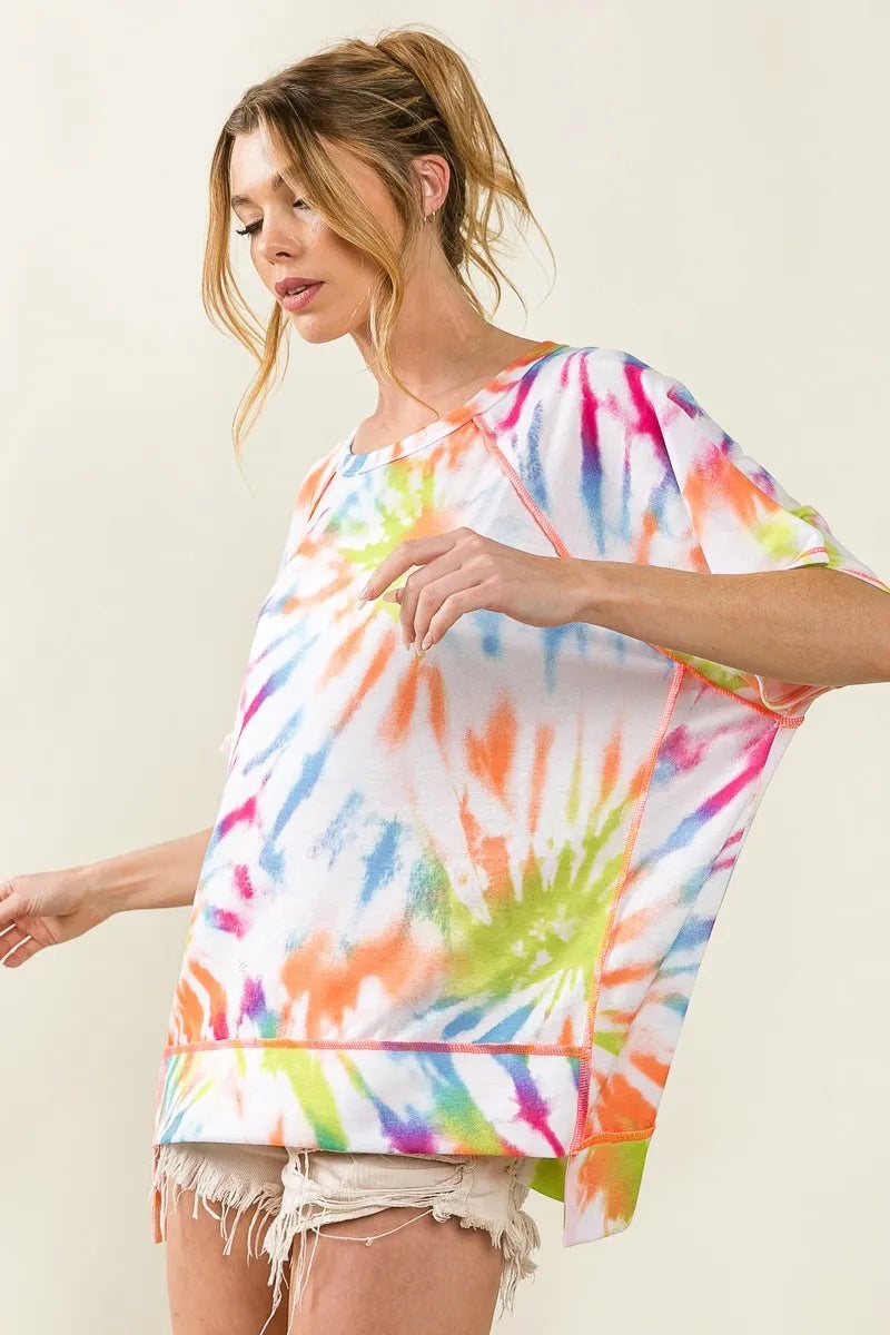 Image of BiBi Tie Dye Print Jersey Stitched Uneven Hem Top | Queeble.shop