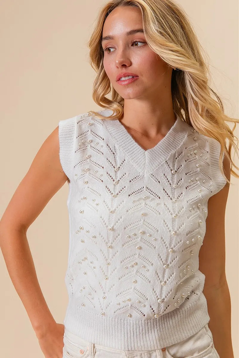 Image of BiBi Chevron Pointelle Pearl Knit Top | Queeble.shop