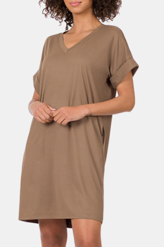 Image of Zenana Rolled Short Sleeve V-Neck Dress | Queeble.shop