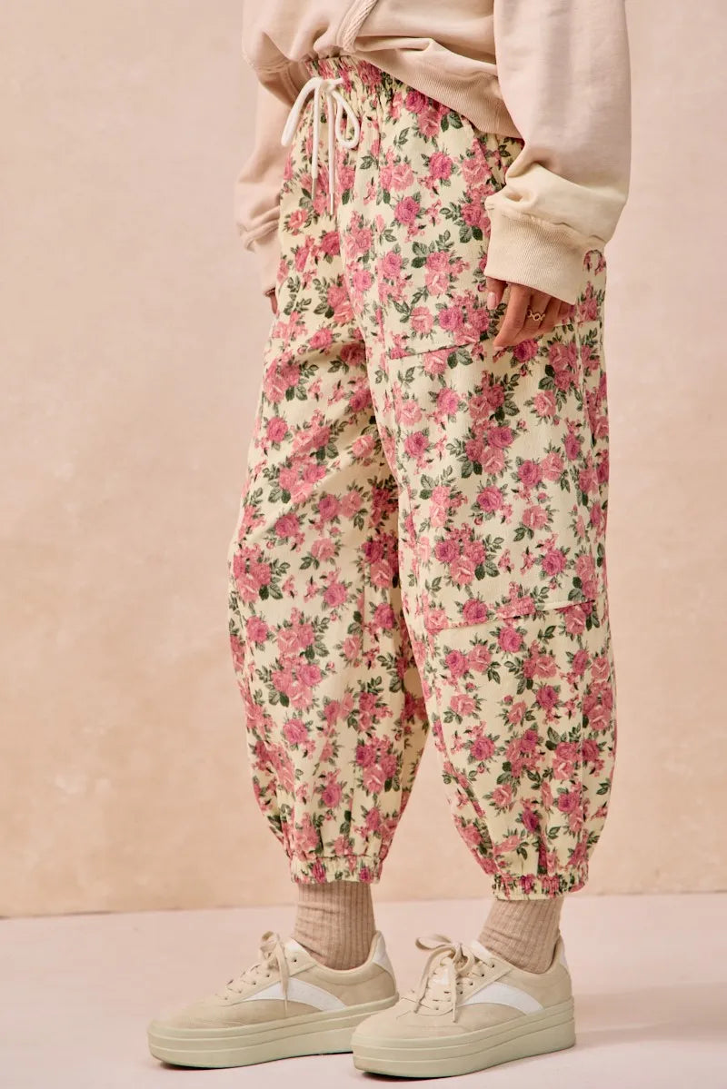Image of BiBi Floral Printed Twill Drawstring Pants With Elastic Band | Queeble.shop