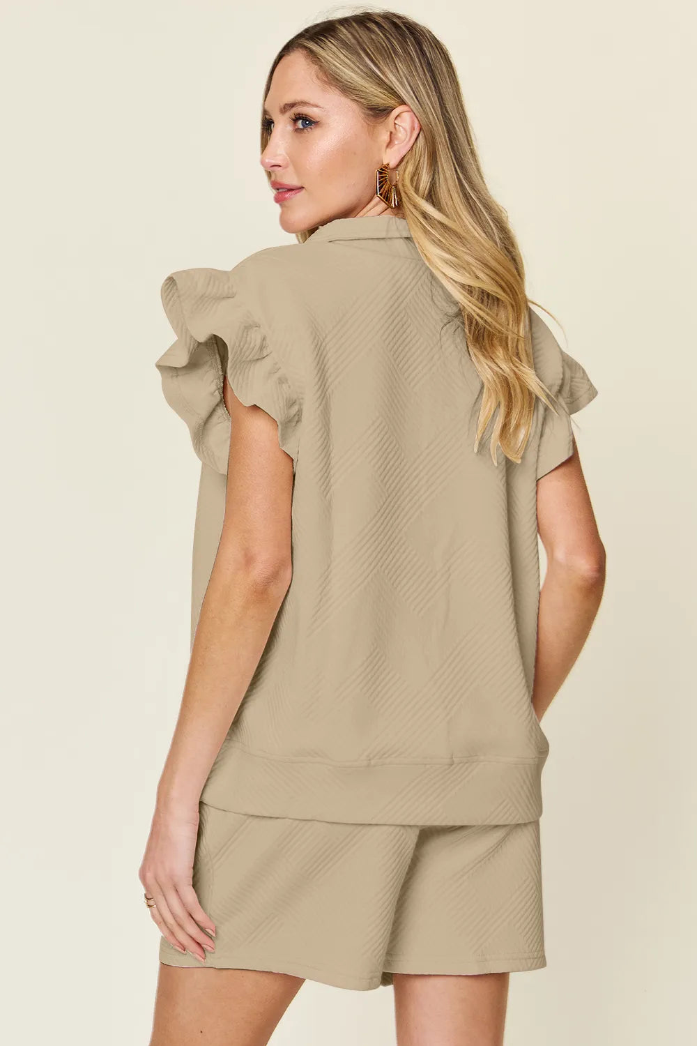 Image of Double Take Full Size Texture Flounce Sleeve Top and Drawstring Shorts Set | Queeble.shop