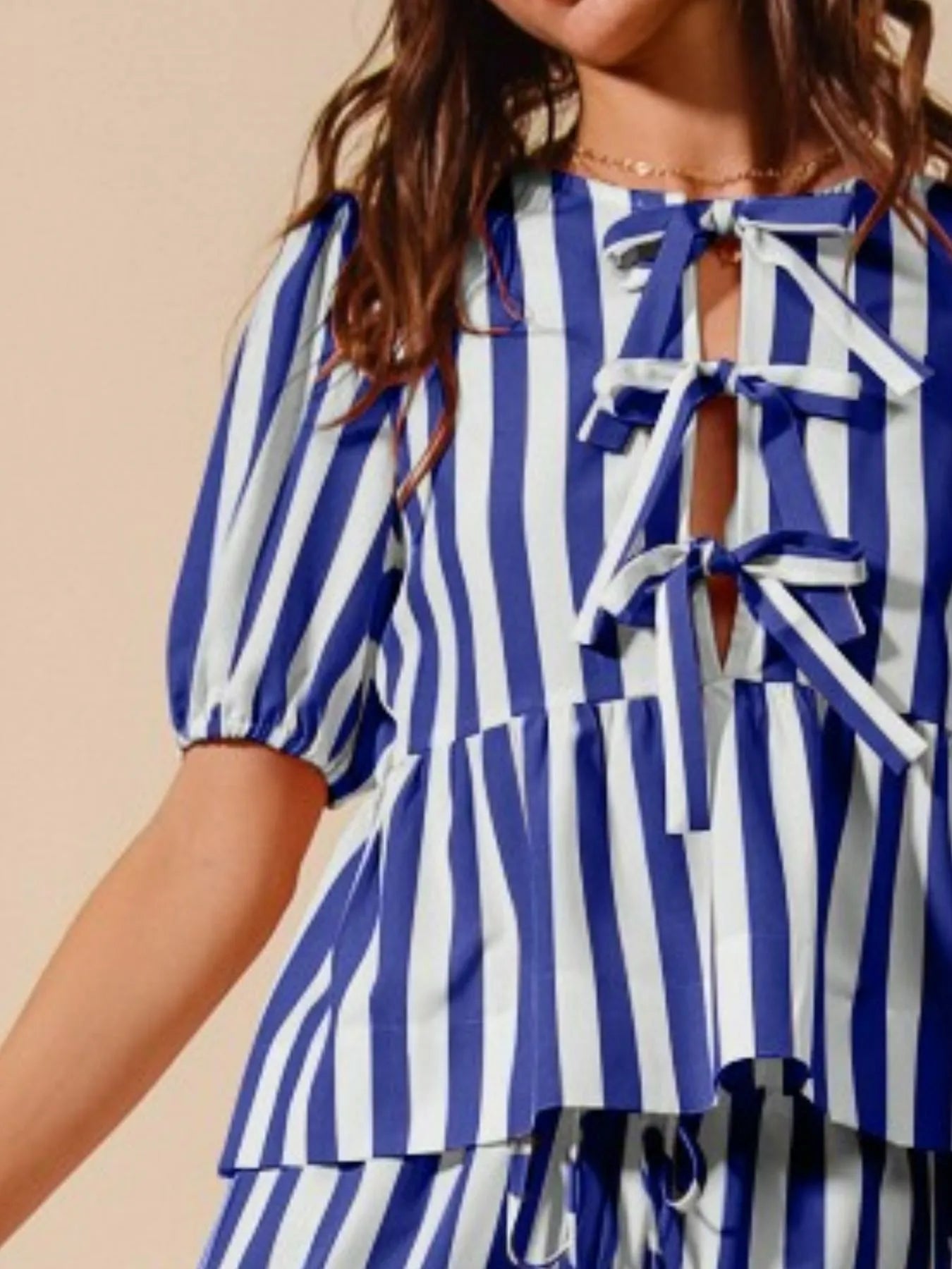 Image of SO ME Front Tie Stripe Puff Sleeves Top and Wide Leg Pants Set | Queeble.shop