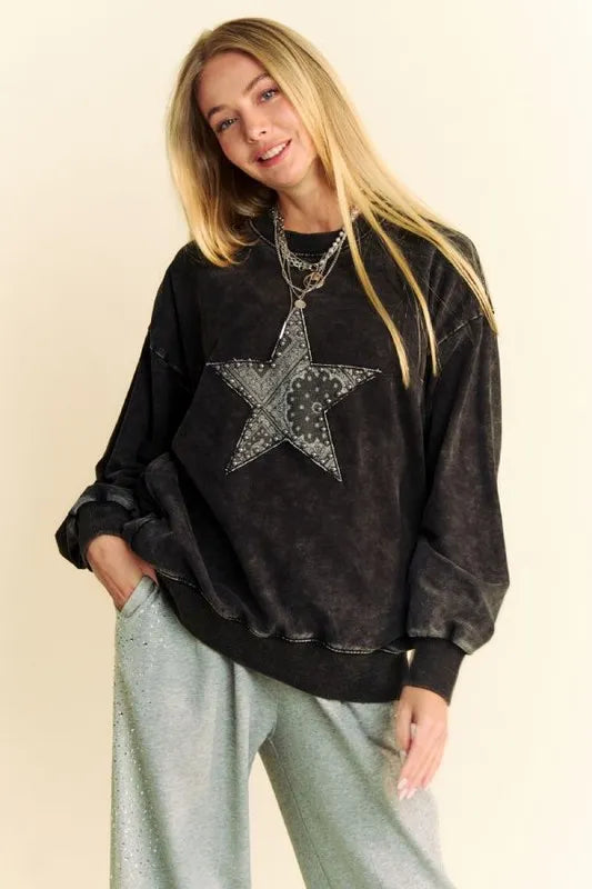Image of Davi & Dani Stud Star Patch Acid Washed Sweatshirt | Queeble.shop