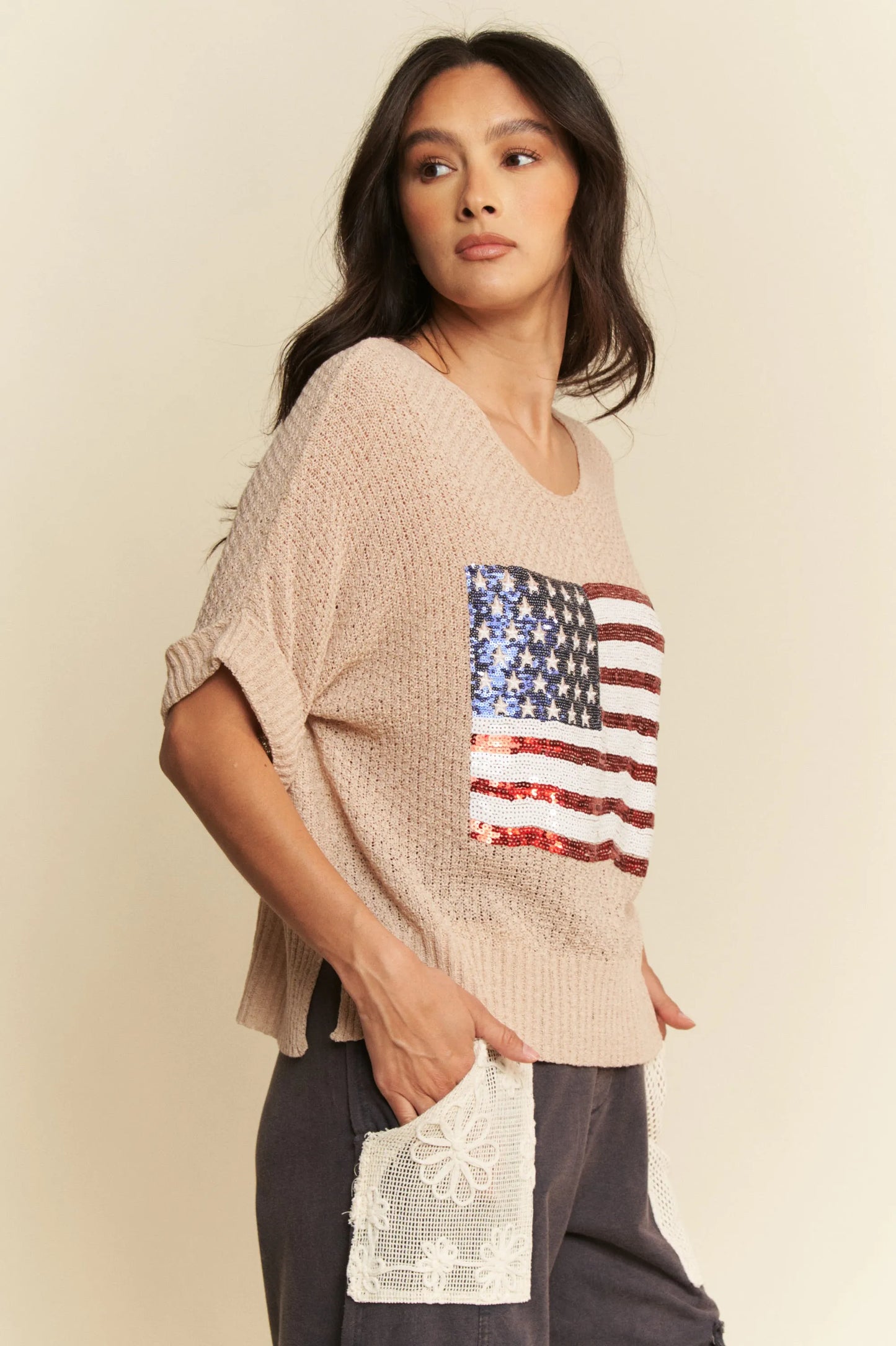Image of Davi & Dani Sequin American Flag Patch Short Sleeve Knit Top | Queeble.shop