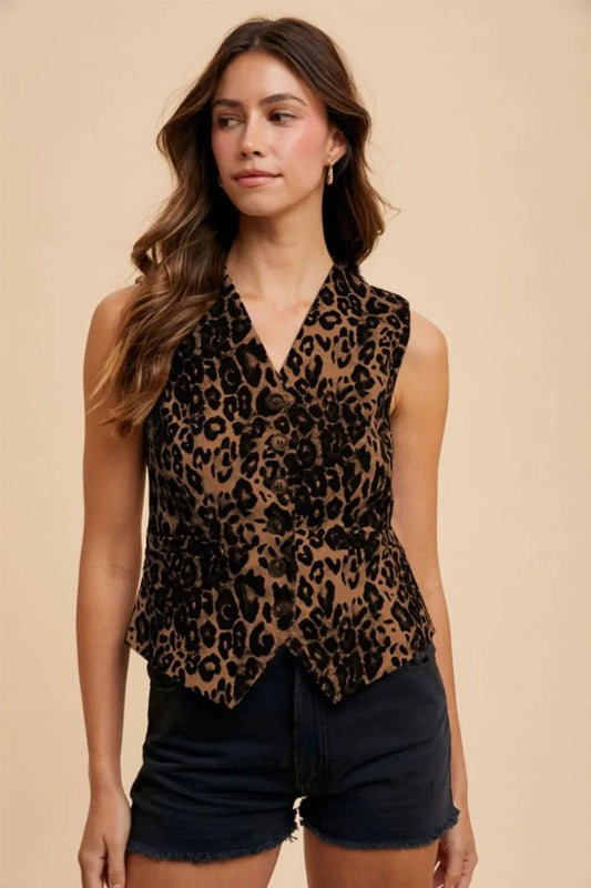 Image of Annie Wear Stretch Leopard Denim Button Down Vest | Queeble.shop