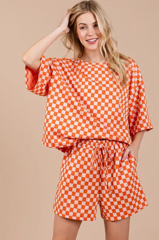 Image of Ces Femme Checkered Round Neck Top and Shorts Set | Queeble.shop