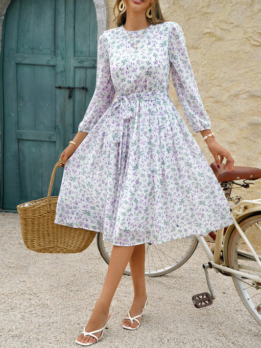 Image of Printed Round Neck Long Sleeve Midi Dress | Queeble.shop