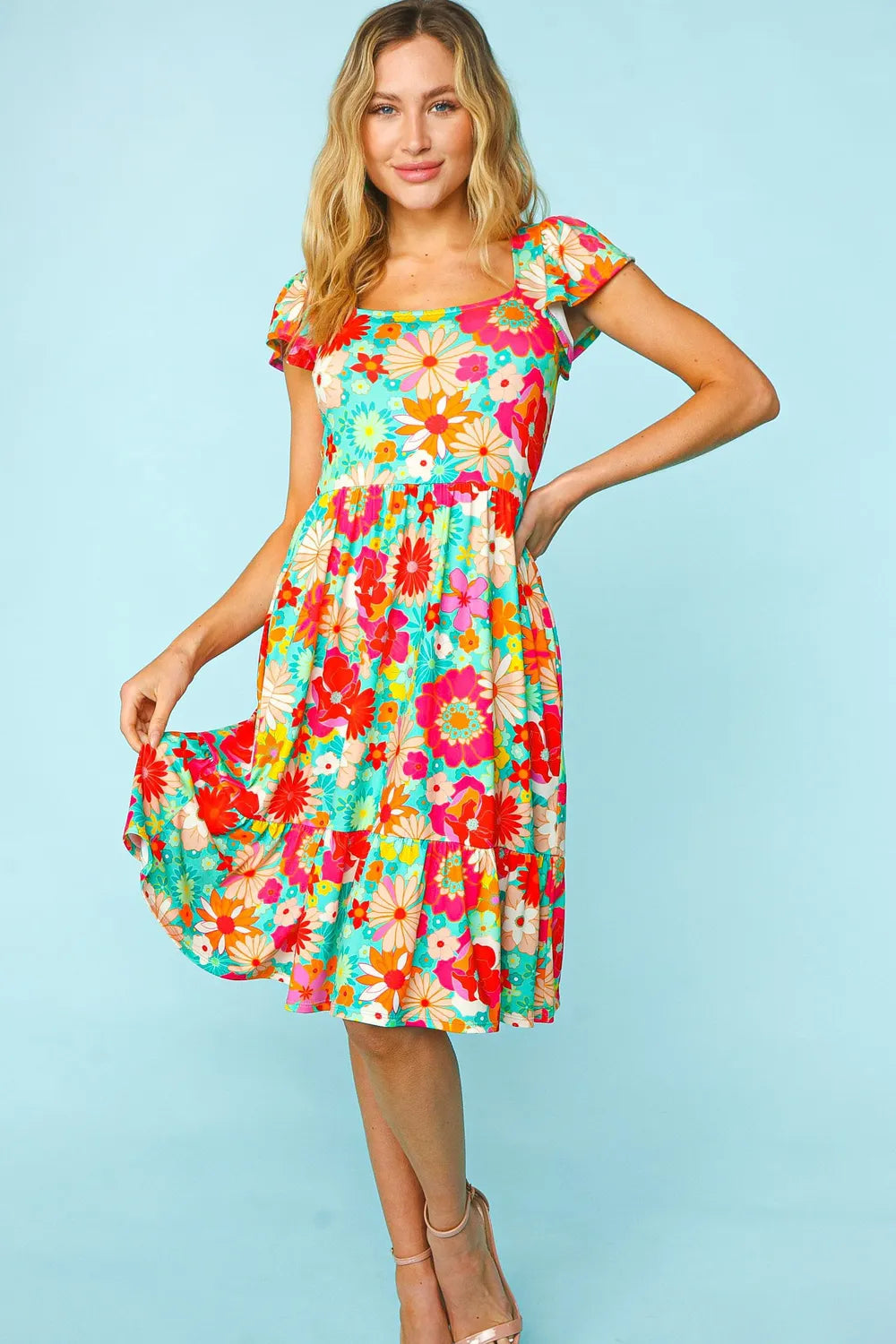 Image of Haptics Floral Square Neck Short Sleeve Dress | Queeble.shop