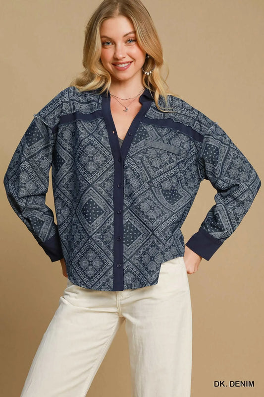 Image of Umgee Paisley Print Denim Shirt Jacket | Queeble.shop