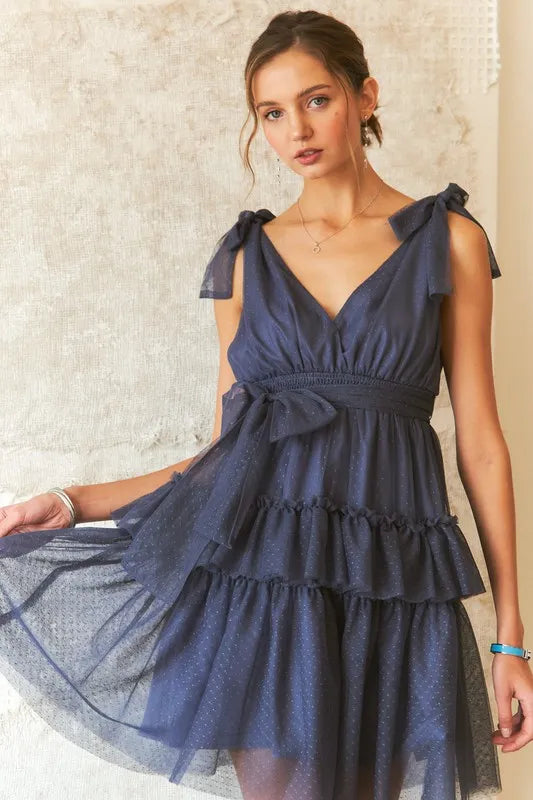 Image of ADORA Tie Shoulder Polka Dot Mesh Dress | Queeble.shop