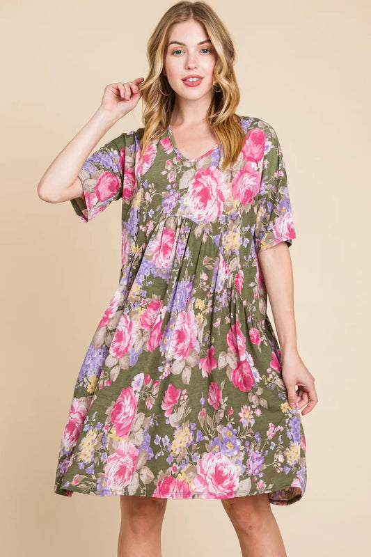 Image of BOMBOM Flower Print V-Neck Ruched Dress | Queeble.shop