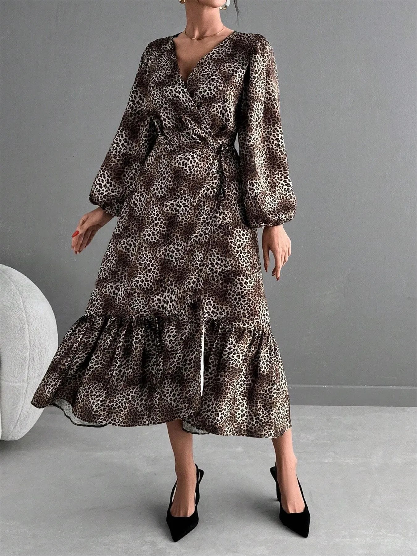 Image of Leopard Print Long Sleeve Dress with Ruffle Hem | Queeble.shop