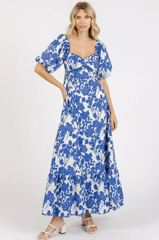 Image of Mittoshop Cutout Back Floral Sweetheart Neck Puff Sleeve Dress | Queeble.shop