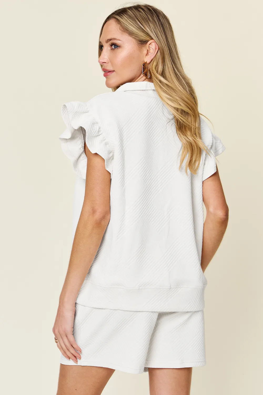 Image of Double Take Full Size Texture Flounce Sleeve Top and Drawstring Shorts Set | Queeble.shop