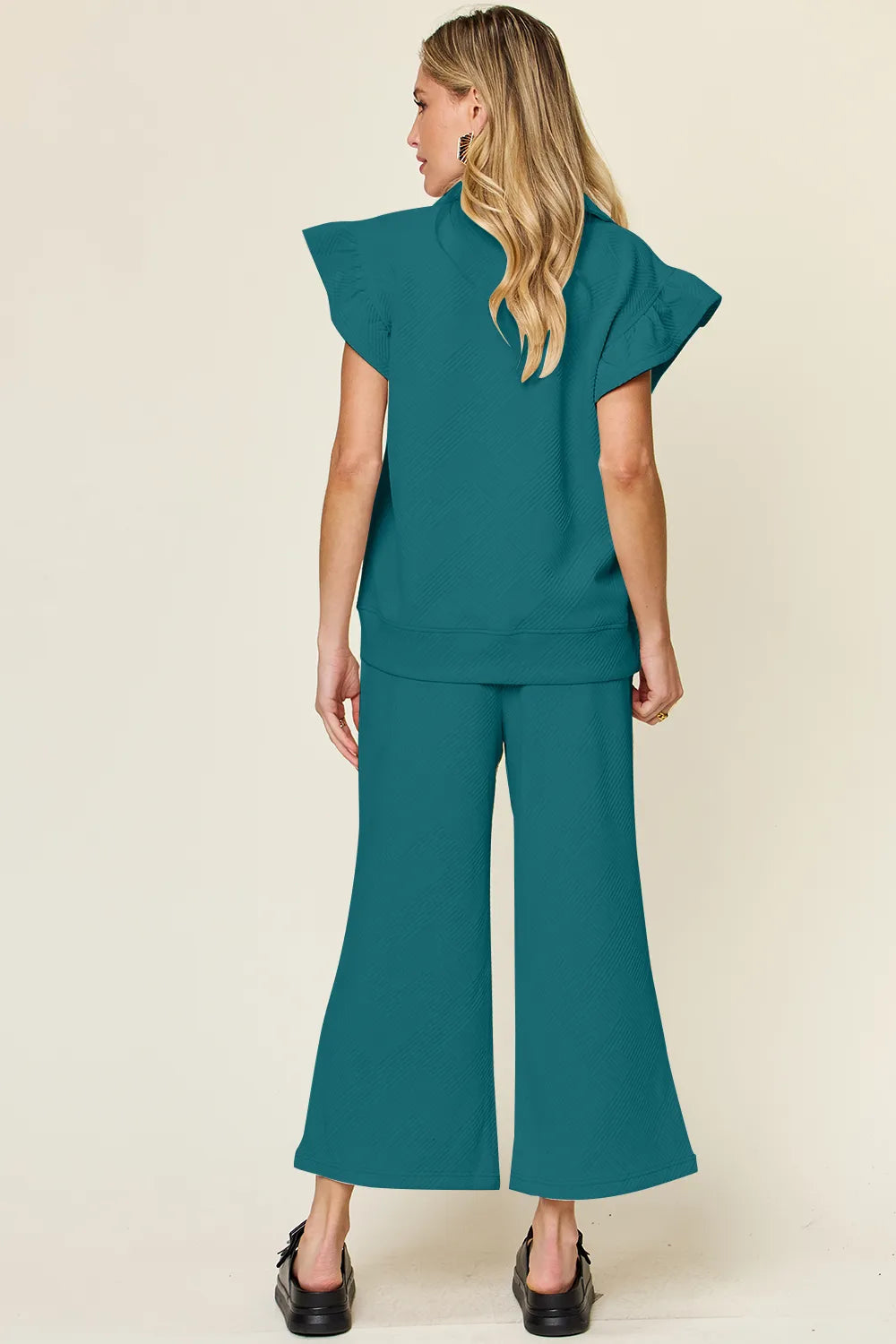 Image of Double Take Texture Ruffle Short Sleeve Top and Drawstring Wide Leg Pants Set | Queeble.shop