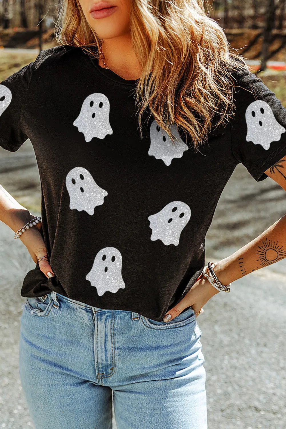 Image of Glitter Ghost Round Neck Short Sleeve T-Shirt | Queeble.shop