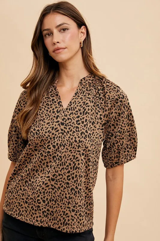 Image of Annie Wear Animal Print Knit Volume Sleeve Blouse | Queeble.shop