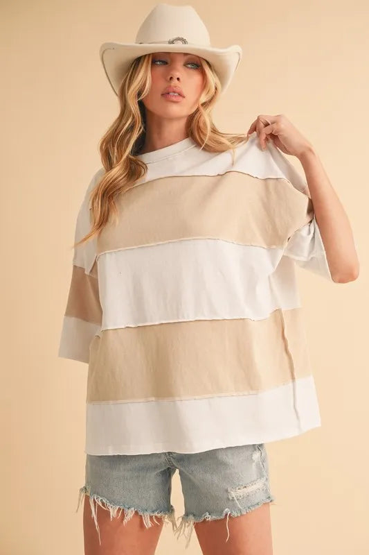 Image of Aemi+Co Color Block Round Neck Short Sleeve T-Shirt | Queeble.shop