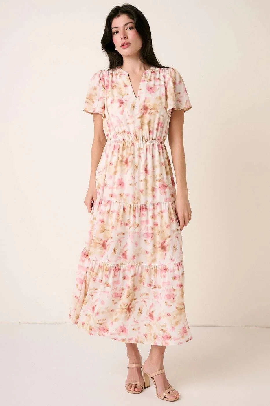 Image of Mittoshop Flower Print Flutter Sleeve V Slit Maxi Dress | Queeble.shop