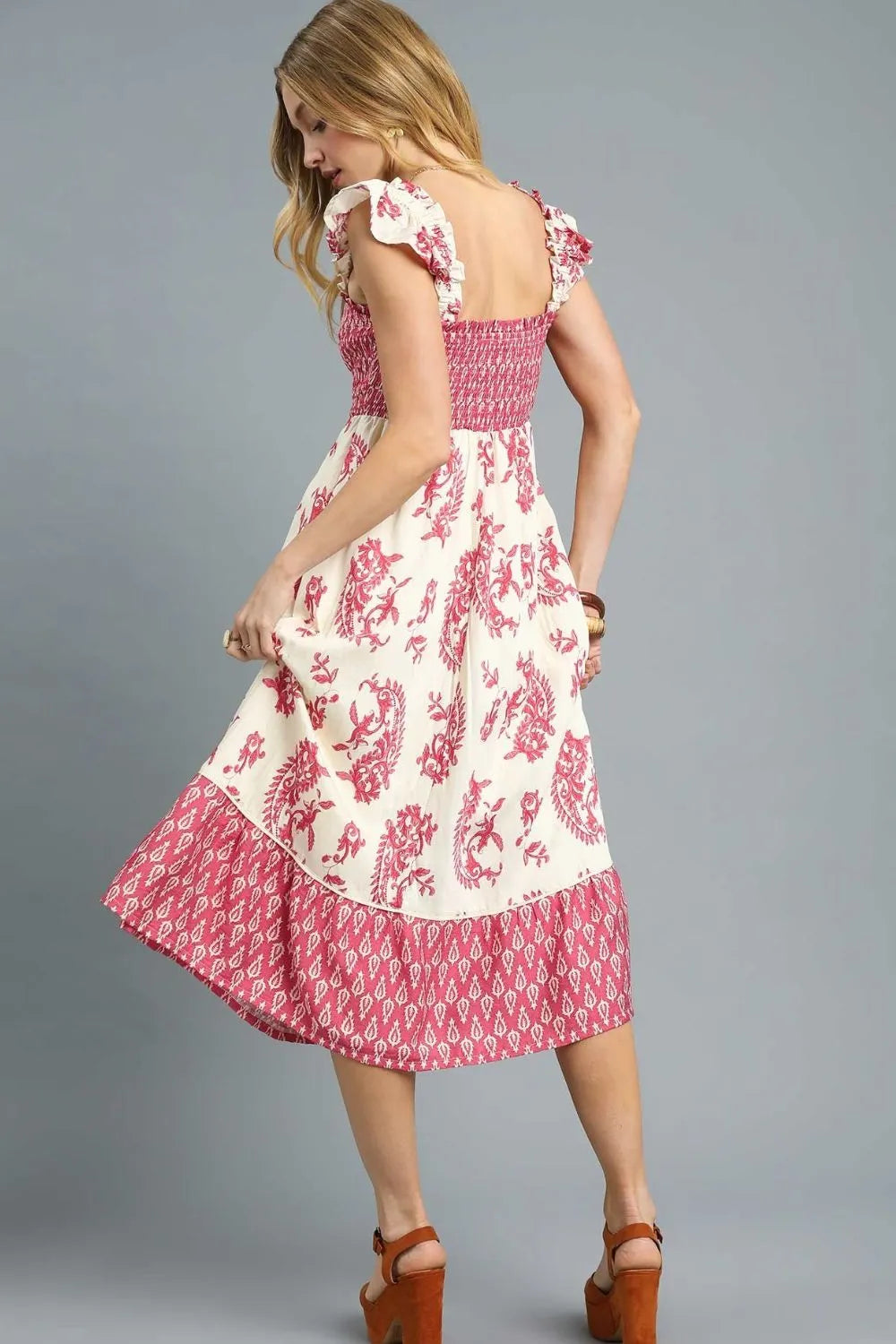 Image of Umgee Printed Smocked Midi Dress with Ruffle Details | Queeble.shop
