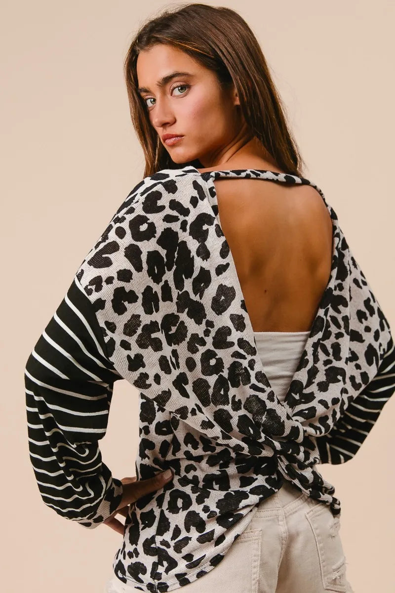 Image of BiBi Leopard Hacci Knit Twist Back Top With Stripe Sleeve | Queeble.shop