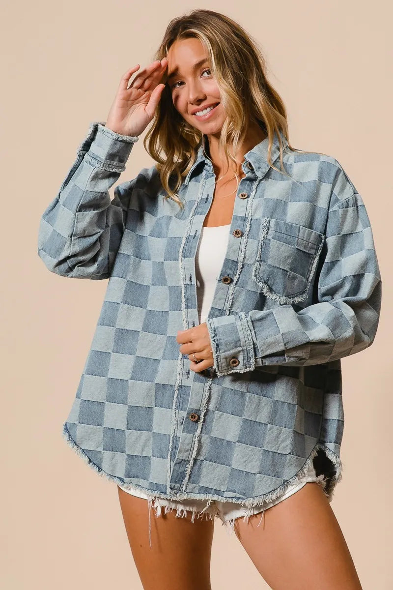 Image of BiBi Frayed Edged Detail Washed Checker Denim Shirt | Queeble.shop