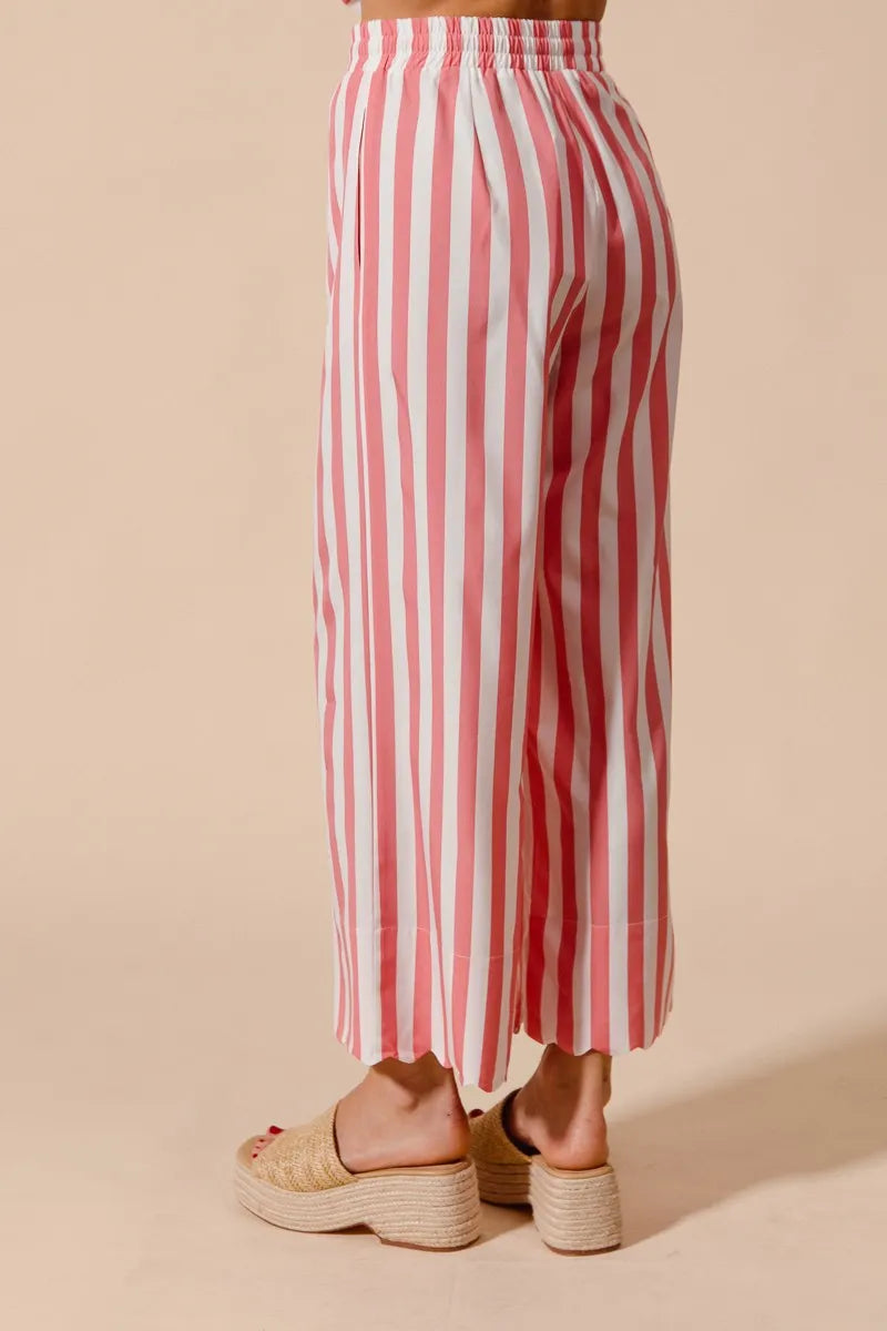 Image of SO ME Front Tie Stripe Top With Puff Sleeves and Wide Leg Pants Set | Queeble.shop