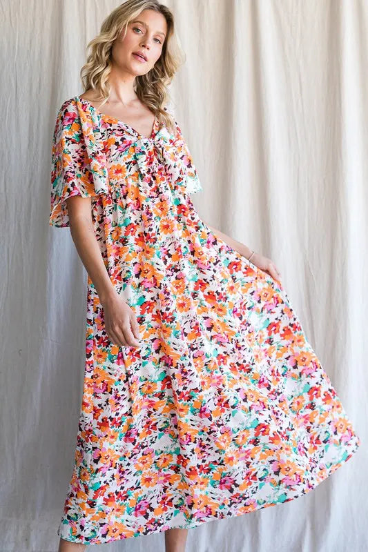 Image of Lime 'N' Chili Floral Print Sweetheart Neck Tie Front Midi Dress | Queeble.shop