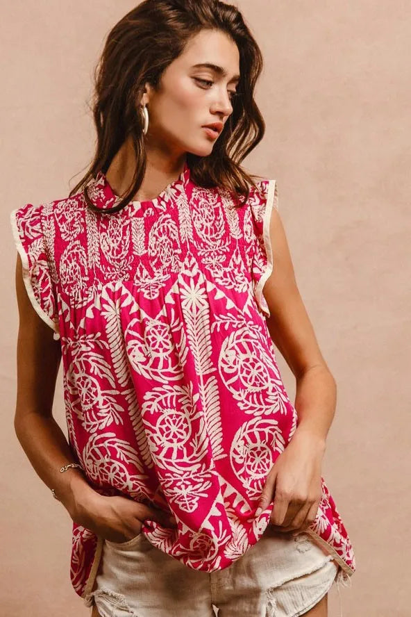 Image of BiBi Printed Ruffle Sleeve Top | Queeble.shop