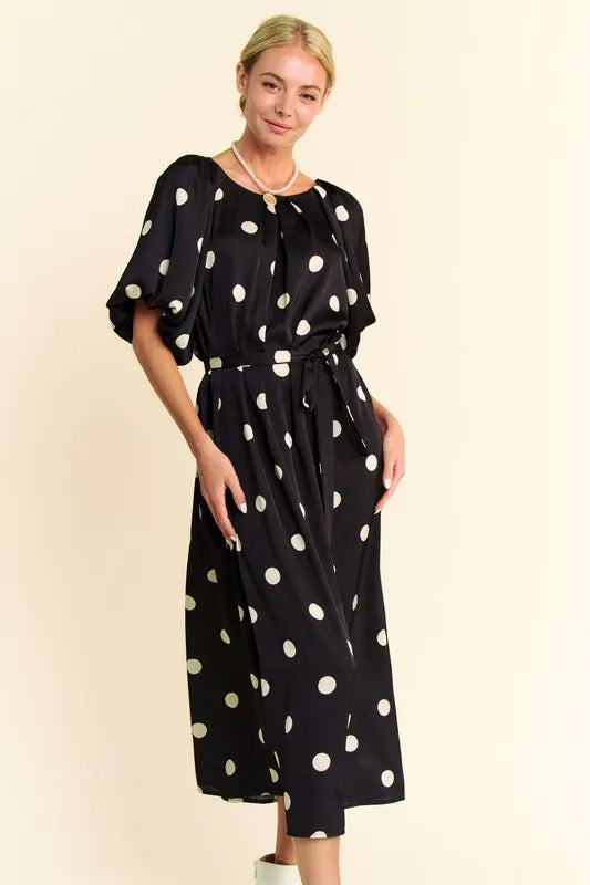Image of Davi & Dani Polka Dot Puff Sleeves Waist Tie Midi Dress | Queeble.shop