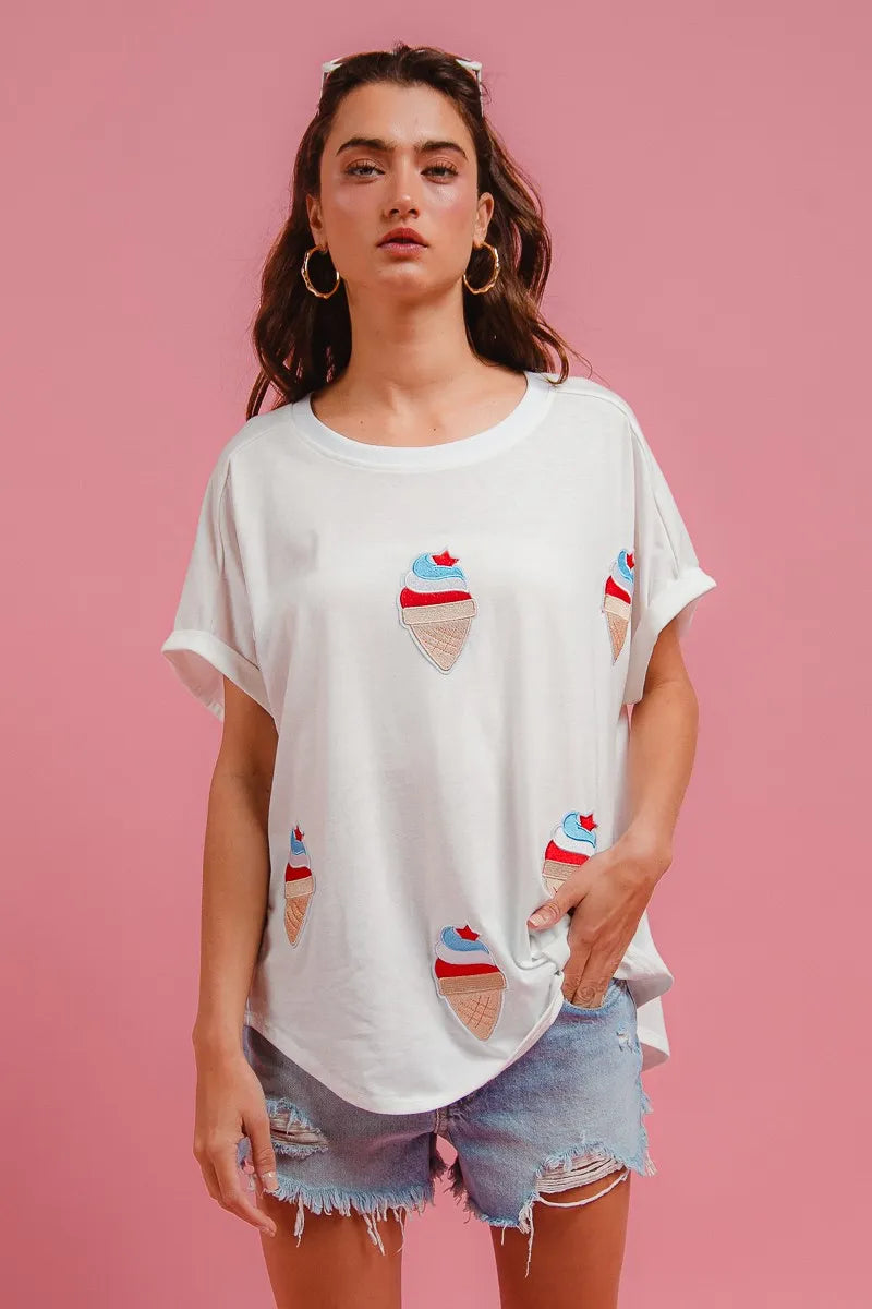 Image of BiBi Solid Terry With Fourth Of July Theme Patched Top | Queeble.shop