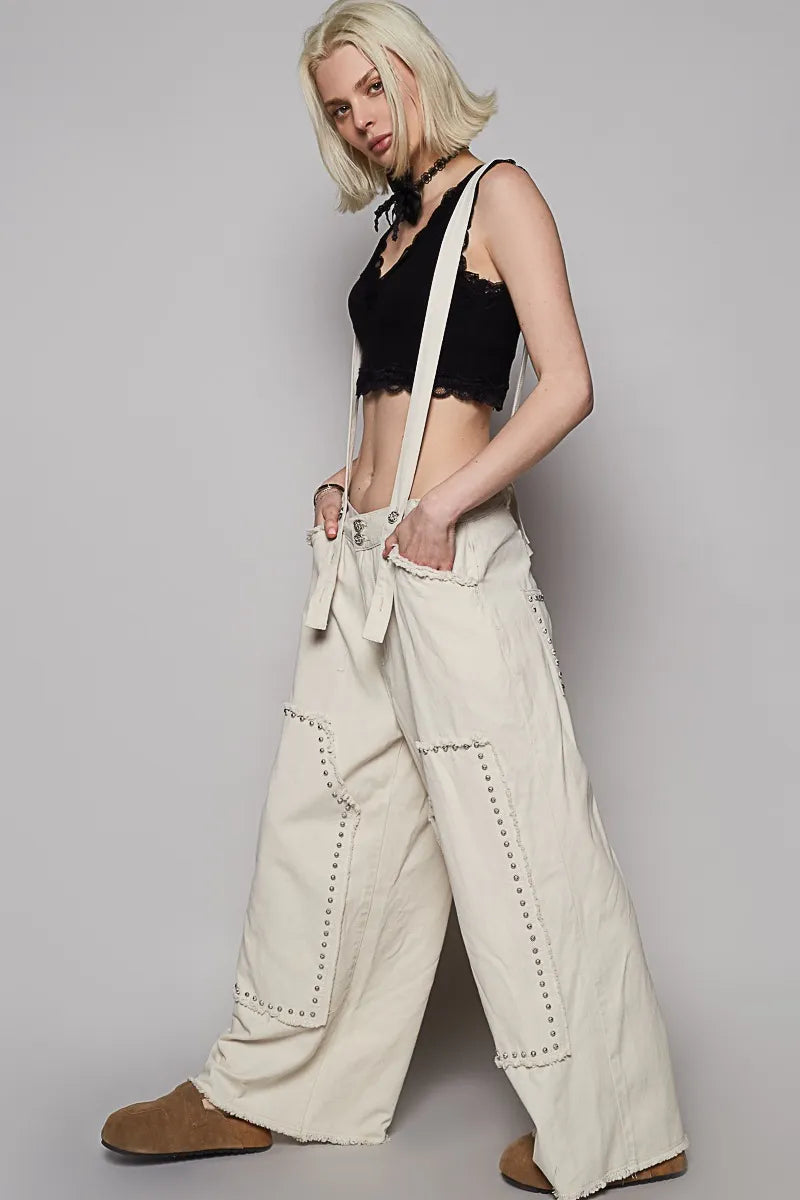 Image of POL Raw Hem Studded Knee Patches Cargo Overalls | Queeble.shop