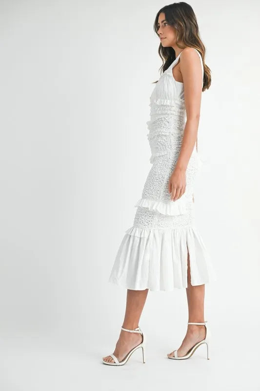 Image of MABLE Ruffled Popcorn Smocked Mermaid Midi Dress | Queeble.shop