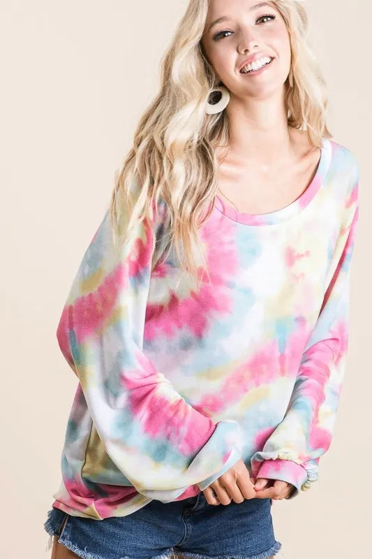 Image of BiBi Tie Dye Print Terry Top With Puff Sleeves | Queeble.shop