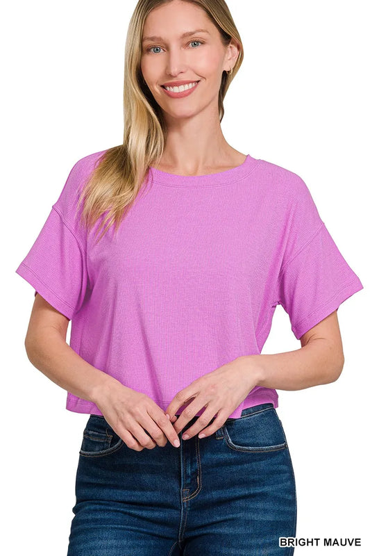 Image of Zenana Ribbed Round-Neck Crop T-Shirt | Queeble.shop