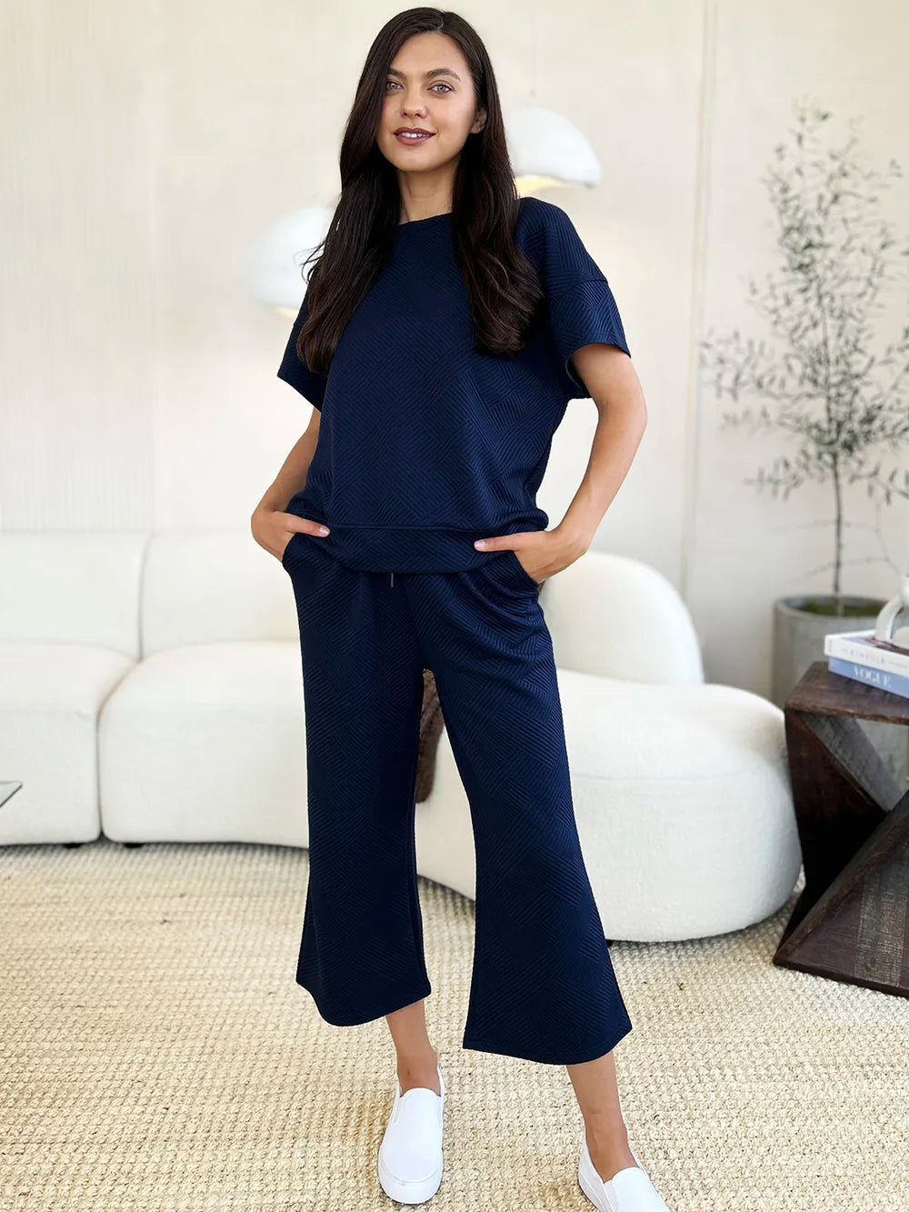 Image of Double Take Full Size Texture Short Sleeve Top and Pants Set | Queeble.shop