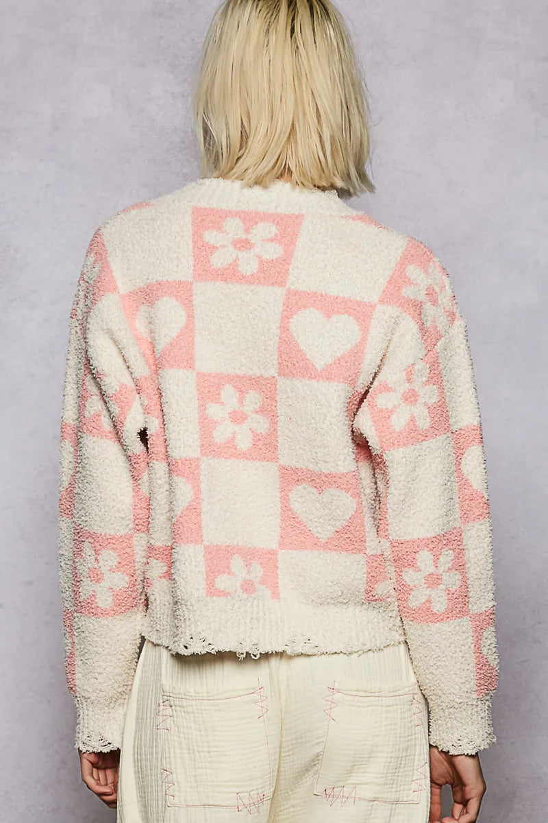 Image of POL V-Neck Heart Pattern Checkered Sweater | Queeble.shop