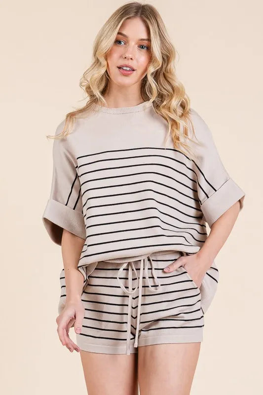 Image of Lime 'N' Chili Striped Folded Half Sleeve Top and Shorts Set | Queeble.shop